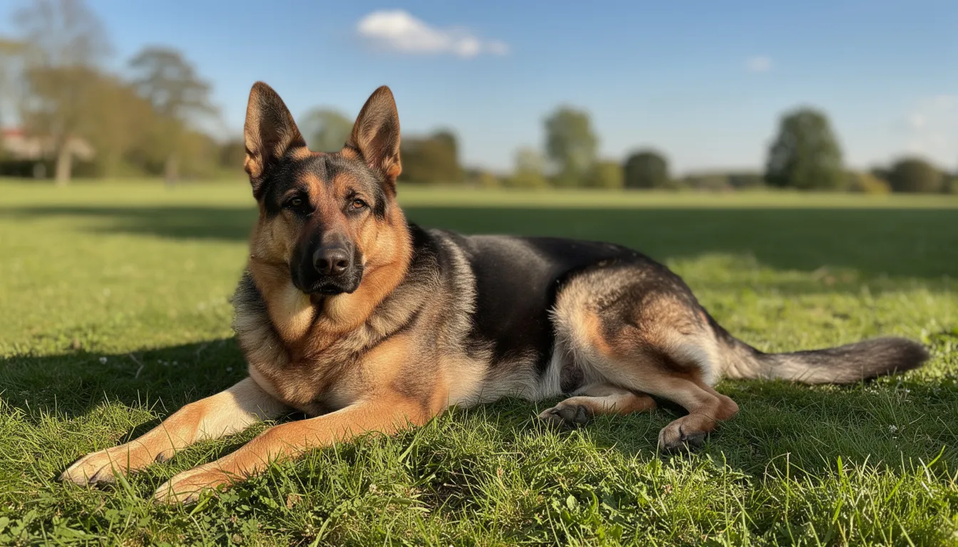 Owczarek niemiecki leży na zielonej trawie, ciesząc się słonecznym dniem. W tle widać jasne niebo, a pies wygląda na zrelaksowanego, co może być ważne dla zapobiegania czyraczycy odbytu u psa i utrzymania jego zdrowia.
