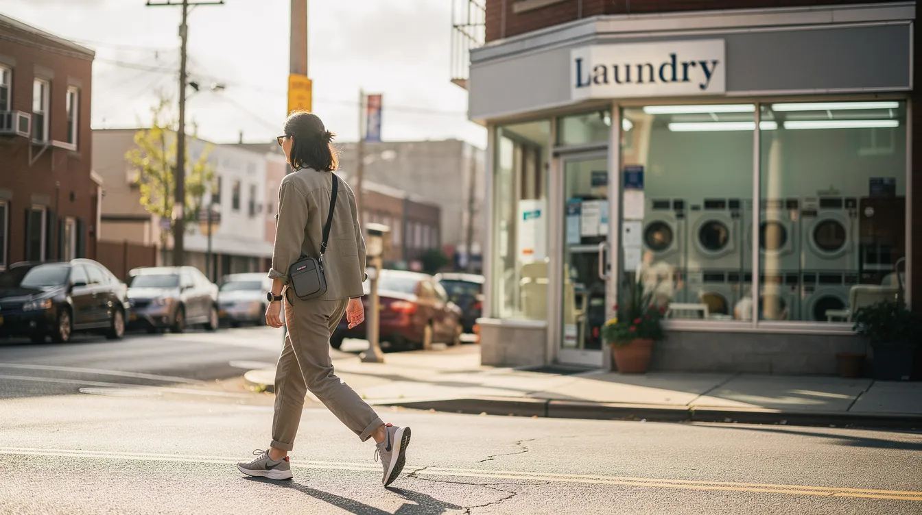 A traveler is walking down a bright city street, carrying a compact bag, while passing a small neighborhood laundromat that features laundry machines for washing clothes. The scene captures the convenience of the laundry process, highlighting the availability of facilities for those in need of fresh linens and clean clothes during their travels.
