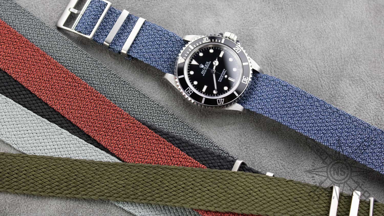 A timeline illustrating the evolution of perlon watch straps through various designs.
