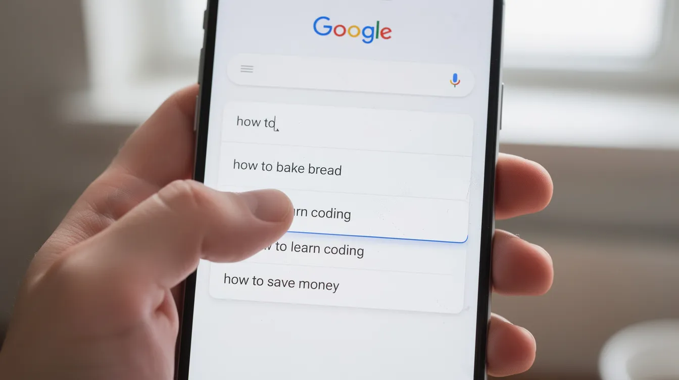 The image shows a smartphone screen displaying a Google search bar with autocomplete suggestions appearing in a dropdown menu, while a finger is poised to tap on one of the Google autocomplete predictions. This illustrates the search engine's autocomplete feature, which helps users quickly refine their search queries based on popular searches and previous searches.