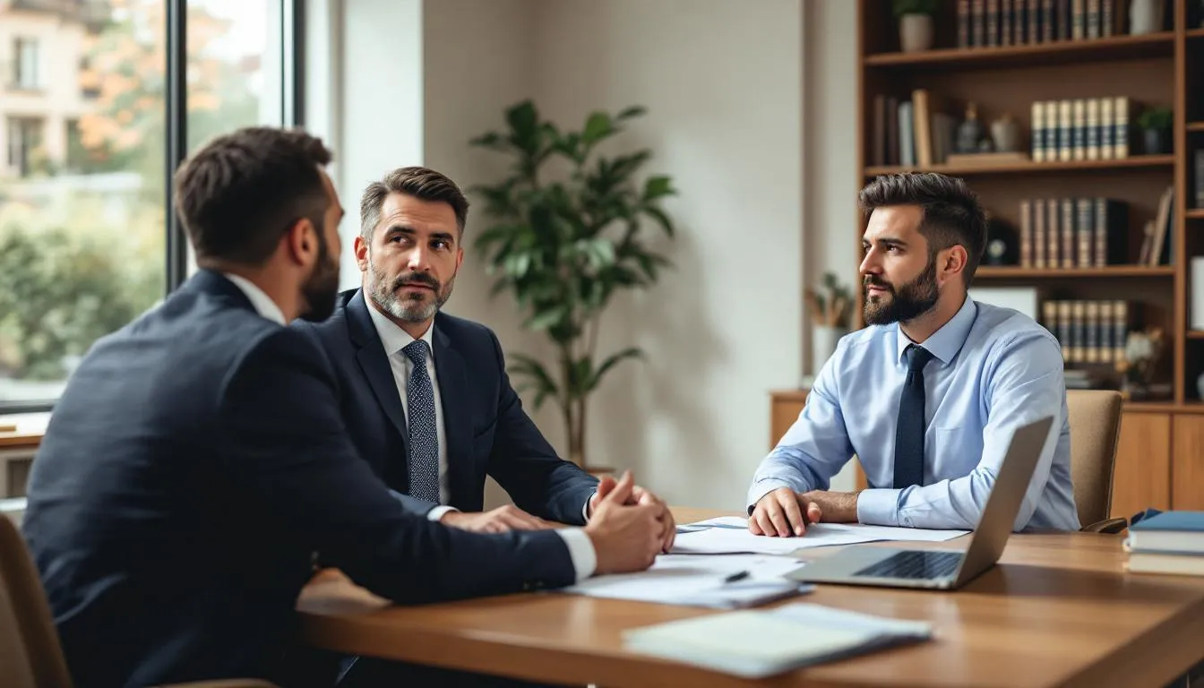 The image depicts an insurance consultation meeting in a professional setting, where an insurance agent is discussing various insurance solutions with clients. The agent is focused on understanding their clients' needs and providing exceptional customer service, while highlighting options for health, auto, and home insurance within the Lake of the Ozarks area.