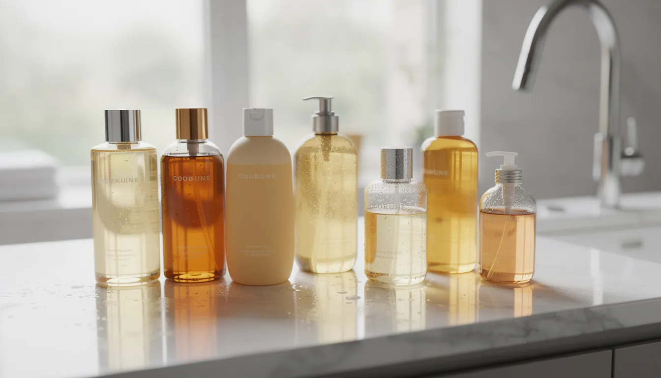 A collection of various shower oil bottles, including L'Occitane almond shower oil, is elegantly arranged on a marble bathroom counter, showcasing their rich textures and subtle scents like sweet almond and warm vanilla. These luxurious body oils are designed to cleanse and nourish, leaving the skin feeling soft and hydrated after use.