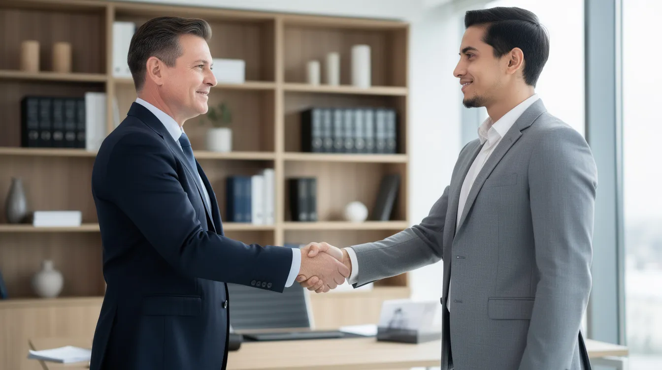 The image depicts a professional handshake between two individuals in an office setting, with bookshelves filled with books in the background. This scene symbolizes collaboration and mutual agreement, often seen in discussions about topics like social security disability insurance and the application process for disability benefits.