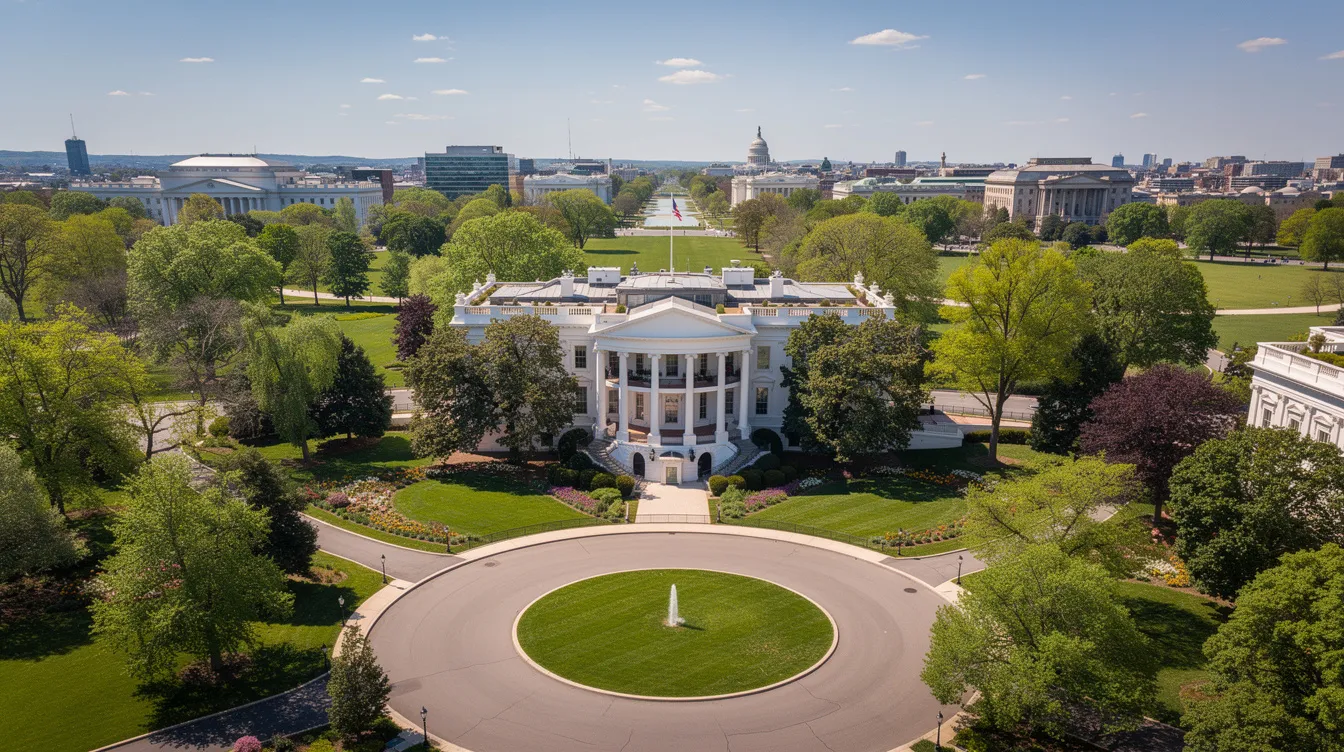 An aerial view of the White House in Washington DC showcases its iconic architecture against a clear blue sky, symbolizing the federal government's role in national security and the ongoing discussions about artificial intelligence and its integration into various federal agencies. This image reflects the heart of American leadership and policy-making, particularly in relation to the national AI strategy and economic competitiveness.