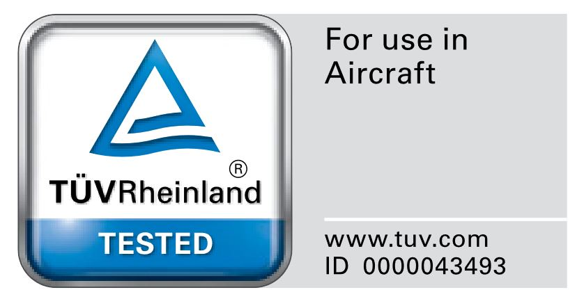 Certification label for car seats TUV Rheinland Tested for use in aircraft.