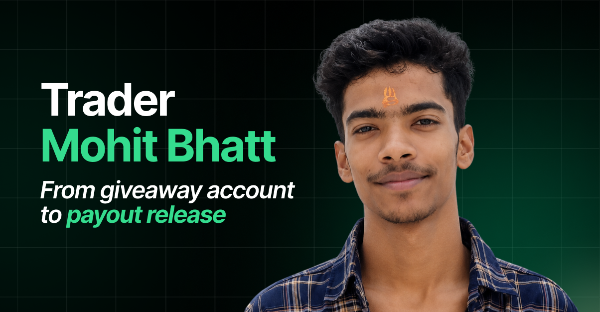 Funded Insight trader spotlight graphic on a dark green to black gradient background with a faint grid pattern. A cutout portrait of a young man with thick dark curly hair, a light moustache, and a saffron tilak mark on his forehead, wearing a navy and tan plaid shirt, fills the right side of the frame. Text on the left reads "Trader" in white above "Mohit Bhatt" in bold green, with an italic line beneath reading "From giveaway account" in white and "to payout release" in green, framing his progression from a free account to a funded payout.