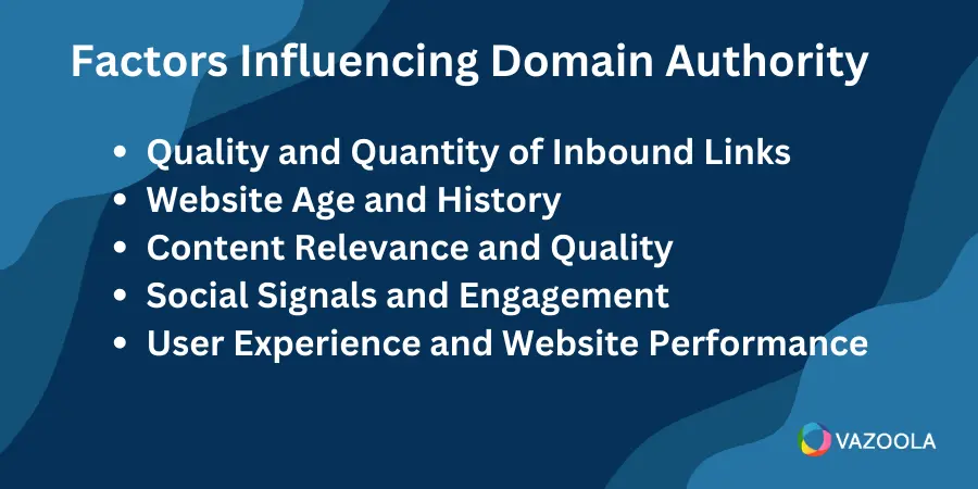 Image of Vazoola's list of factors that influence domain authority