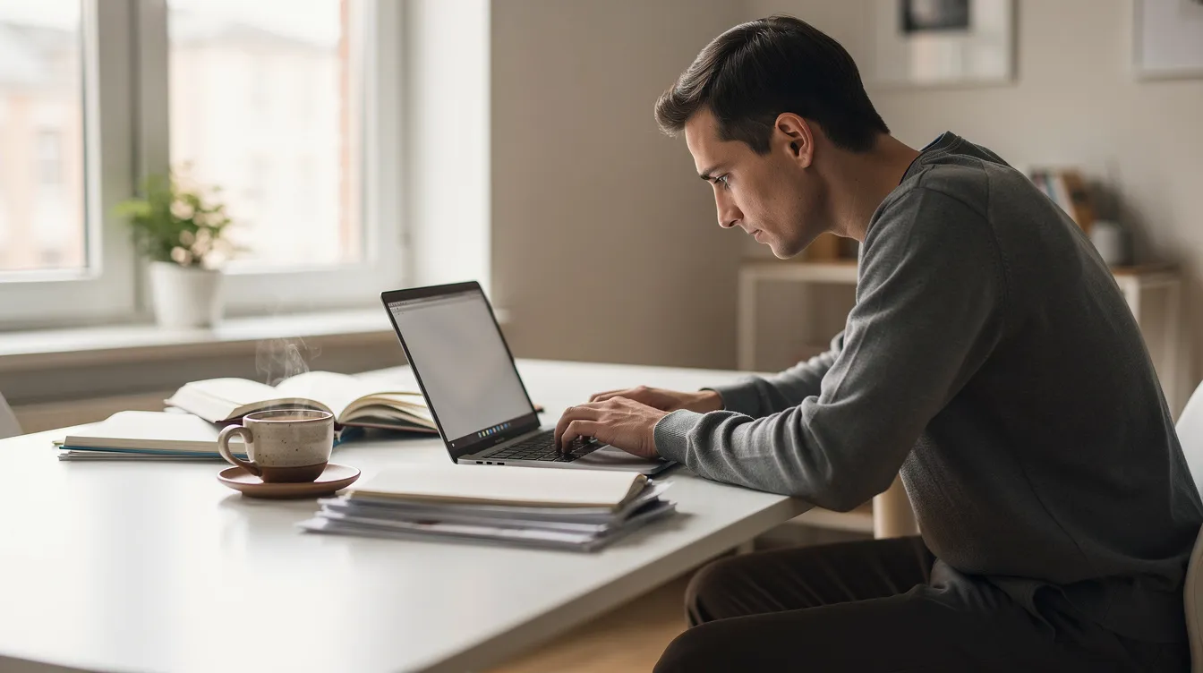 A person is studying at a laptop on a clean desk, surrounded by notebooks and a coffee cup, in a well-lit room. This scene reflects the environment of a data analyst focused on gathering data and uncovering insights related to cybersecurity and data analytics.