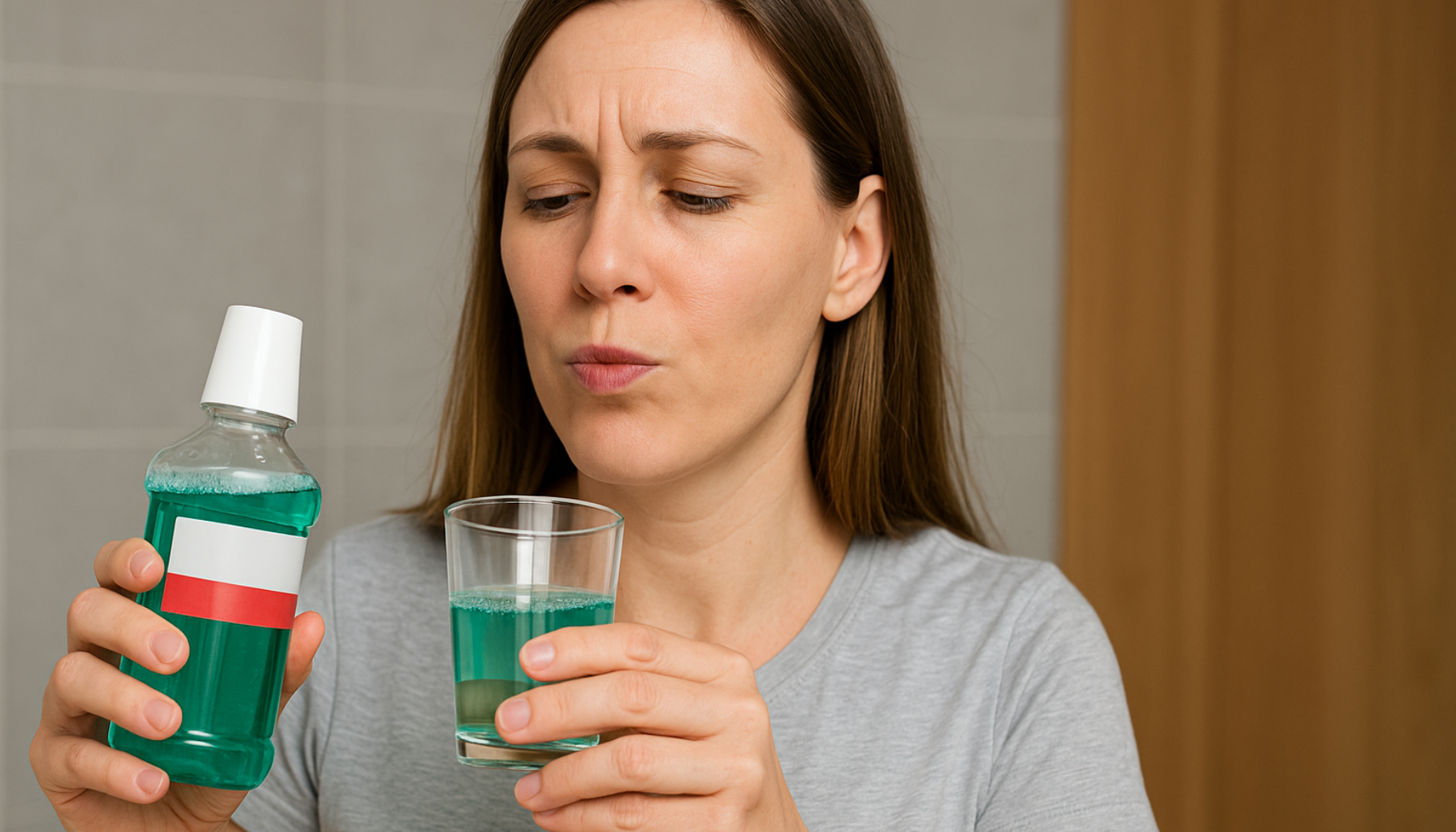 Kvinne vurderer munnskyll i speilet på badet.