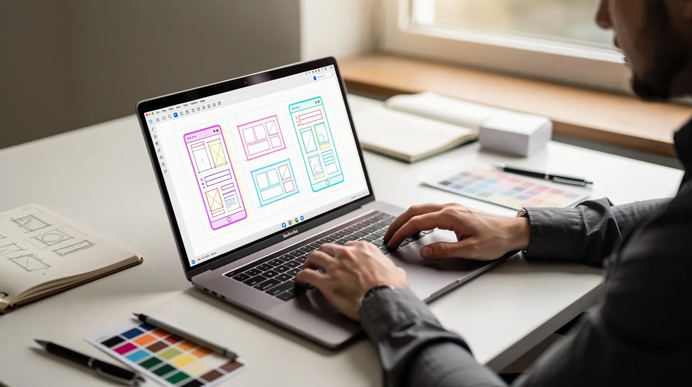 A person is sitting at a desk, intently reviewing digital design sketches displayed on their laptop screen, which showcases various logo ideas generated using an AI logo maker. The workspace is filled with design tools and materials, reflecting a focus on creating a unique brand identity.