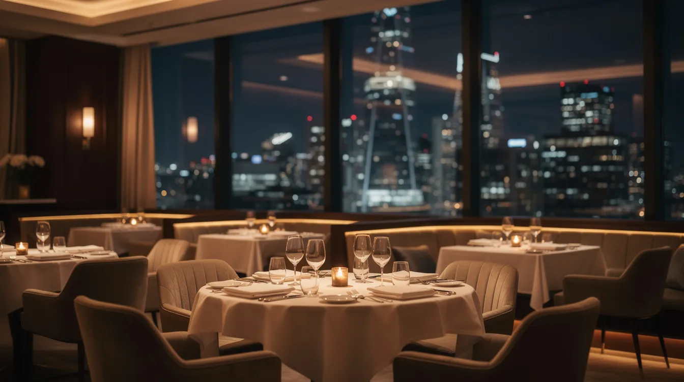 The image depicts a sophisticated restaurant interior featuring elegantly set candlelit tables, with stunning views of the city through expansive floor-to-ceiling windows. The atmosphere is intimate and inviting, perfect for memorable dinner dates in central London.