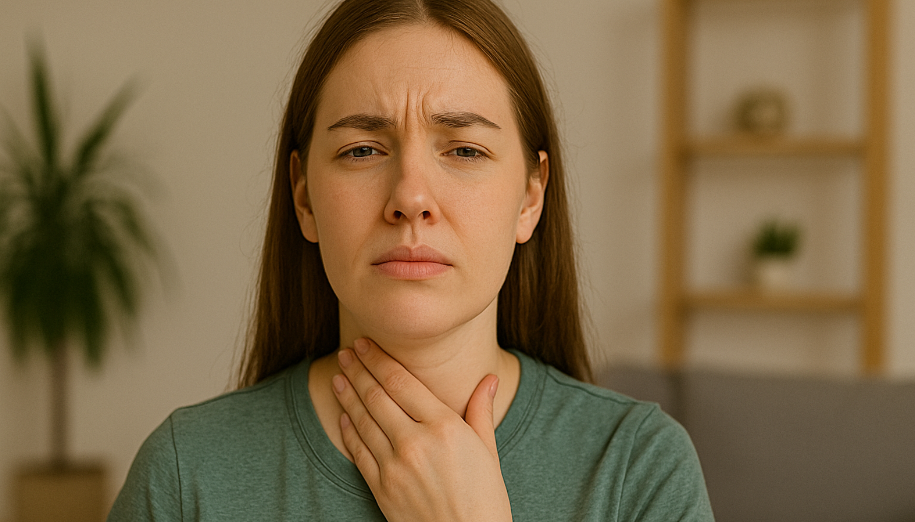 Kvinne med bekymret uttrykk holder seg til halsen og vurderer legebesøk.