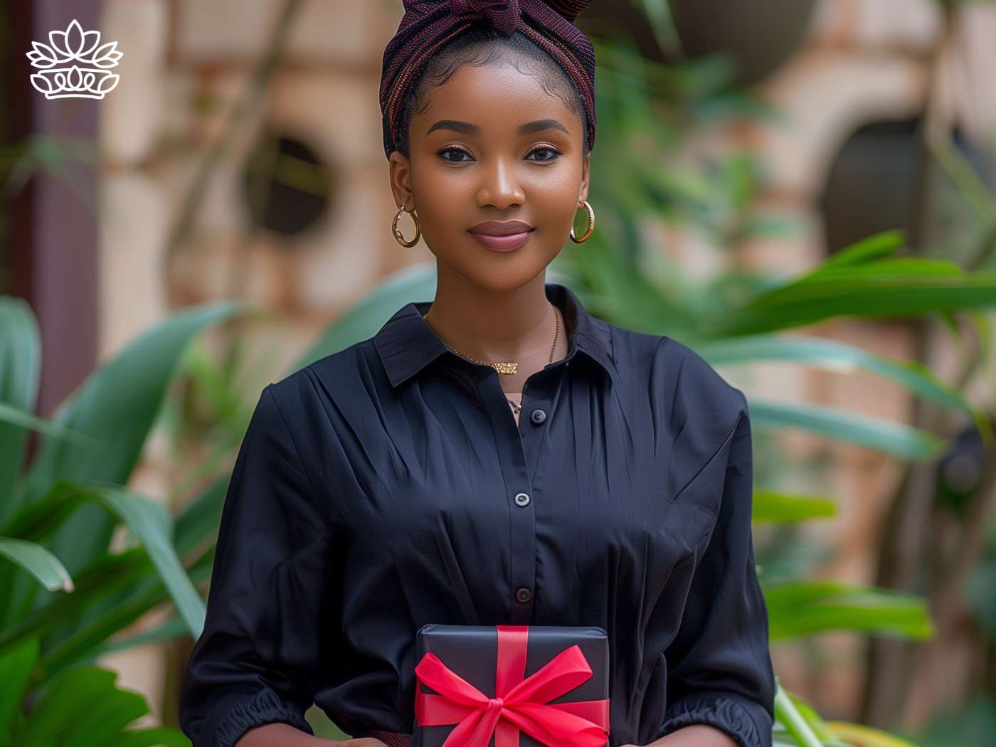 Elegant woman holding a gift box, perfect for congratulations, delighted with the price and quality, newly arrived from the Durban Gift Box Delivery Collection, ideal as a thoughtful mother’s gift or basket, presented by Fabulous Flowers and Gifts.