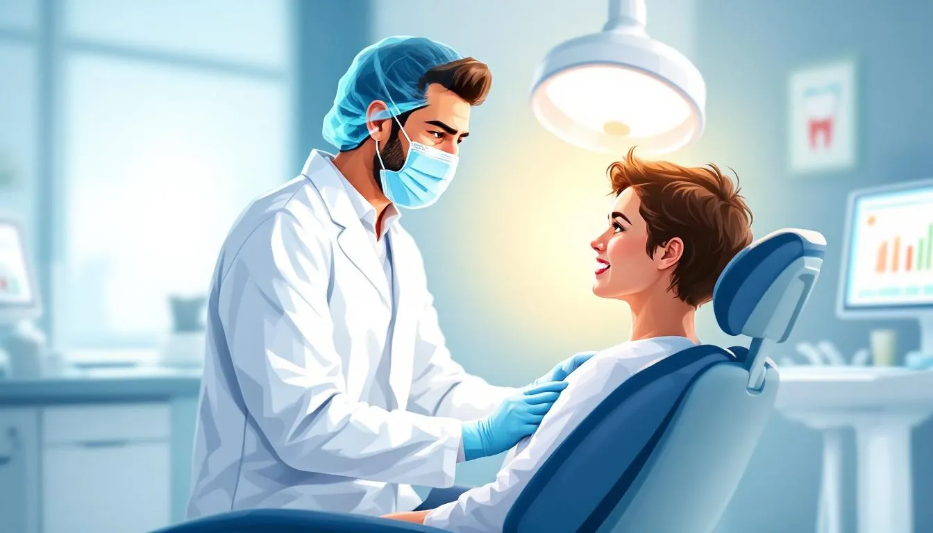 The image depicts a dentist's office with a focus on digital marketing strategies, showcasing elements like a computer displaying a dental website, social media icons, and a clipboard with patient inquiries. This visual emphasizes the importance of dental SEO and online visibility in attracting future patients to dental practices.