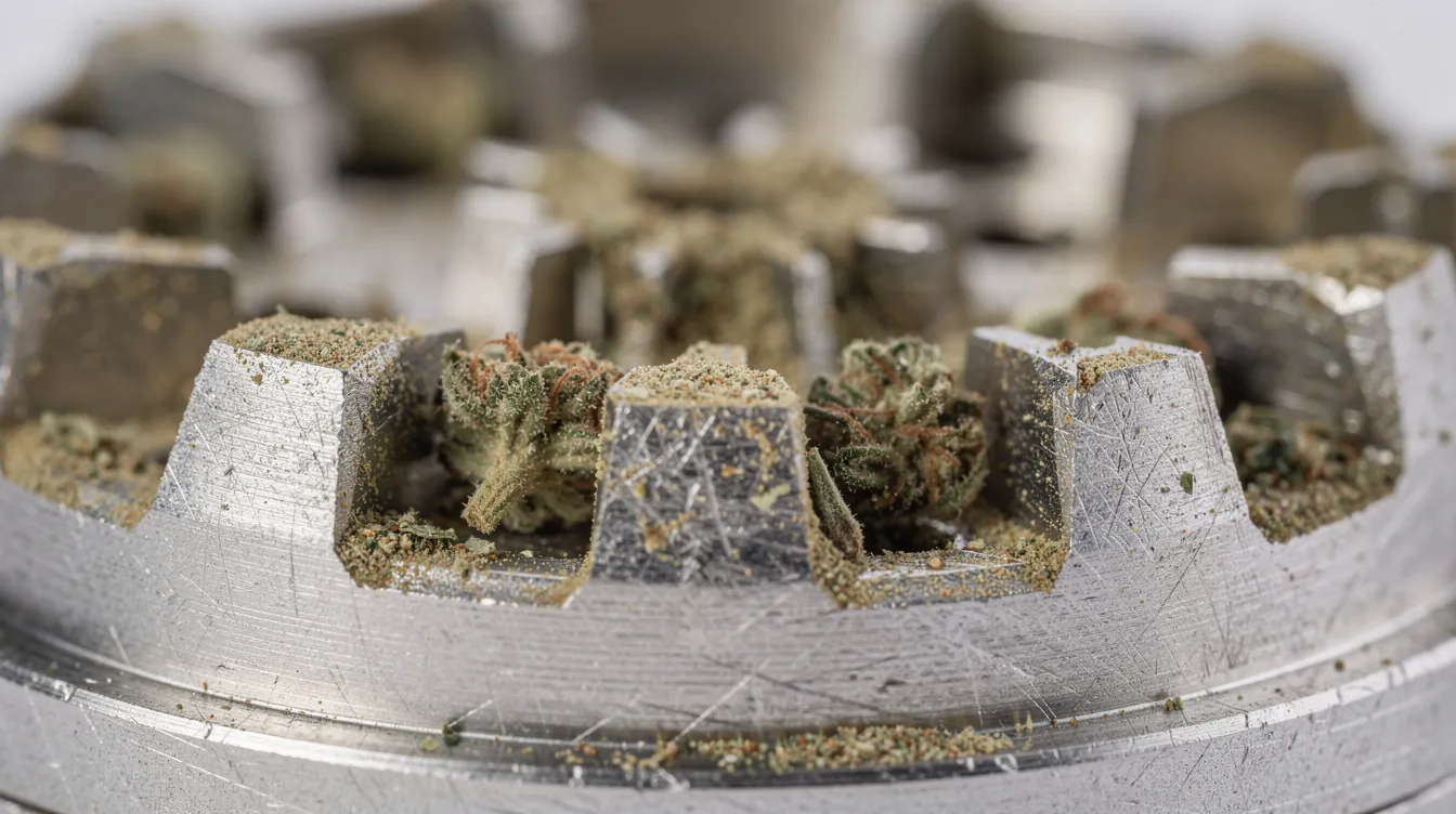 Die Nahaufnahme zeigt die Zähne eines Aluminium-Grinders, die mit fein gemahlenem Pflanzenmaterial gefüllt sind. Die detaillierte Ansicht verdeutlicht die Qualität und Struktur der Zähne, die für das Zerkleinern von Kräutern wie Cannabis verwendet werden.