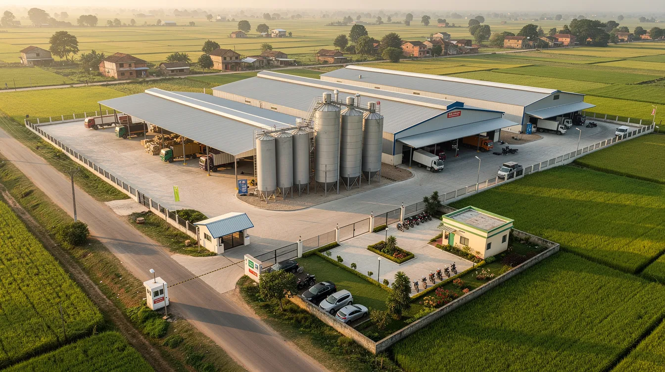 The image depicts a modern integrated rice processing facility in a rural Indian setting, showcasing multiple production buildings, silos, and warehousing areas. This rice mill is designed for high efficiency in processing paddy into milled rice, emphasizing quality control and advanced machinery to meet market demand while managing operational costs and maximizing profit margins.