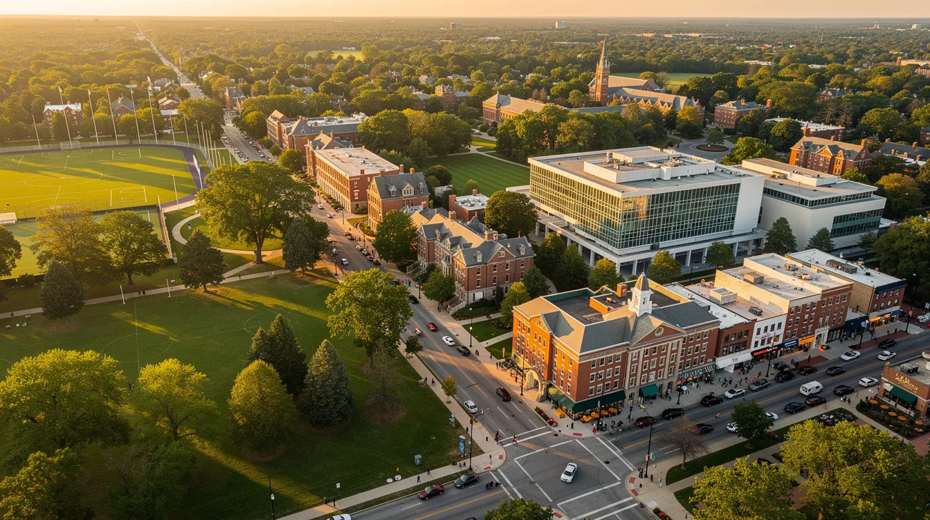 An aerial photograph captures a vibrant university town featuring a blend of commercial districts and lush green spaces, highlighting the dynamic environment of Gainesville. This image showcases the balance between urban development and nature, essential for the community's growth and search visibility.