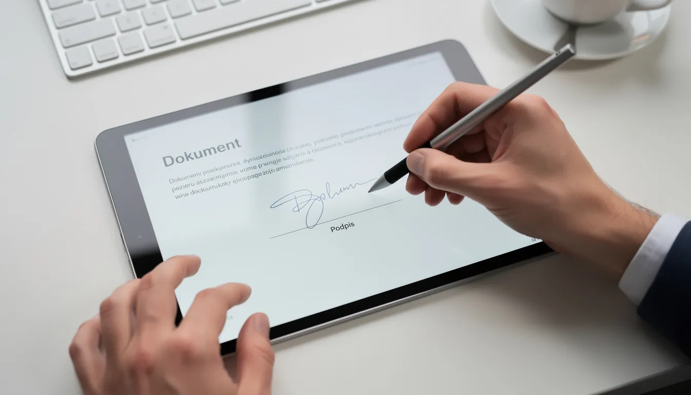 Na zdjęciu widoczne są dłonie osoby, która podpisuje dokument elektronicznie na tablecie. Proces ten może być związany z usługami faktoringowymi, które umożliwiają przyspieszenie płatności oraz utrzymanie płynności finansowej w firmie.