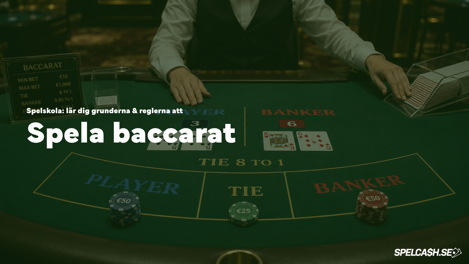 Spela baccarat online med guide till regler, Player, Banker och Tie på baccaratbord i live casino.