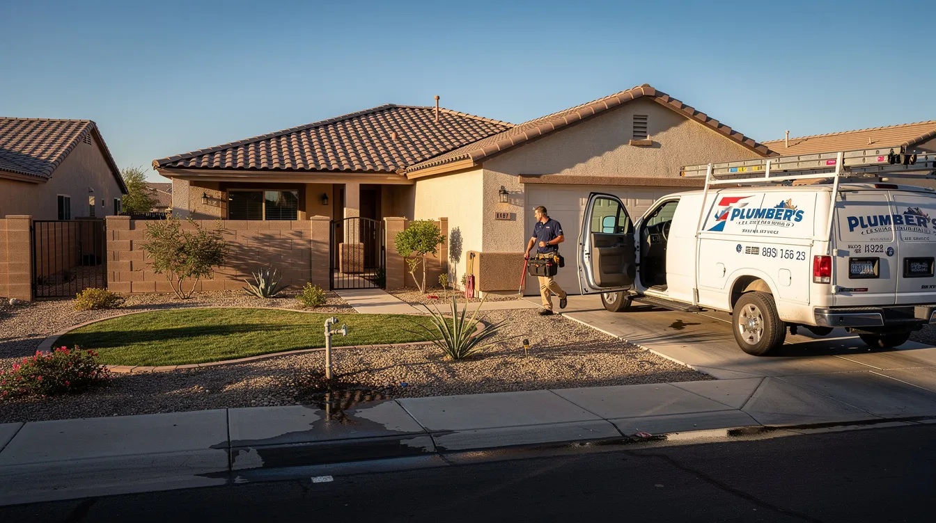 The image shows a residential backyard in Phoenix with a plumber's service truck parked in the driveway, indicating an emergency service call for sewer line repairs. The scene captures the urgency of addressing sewer line issues, likely involving the inspection and repair of underground pipes.