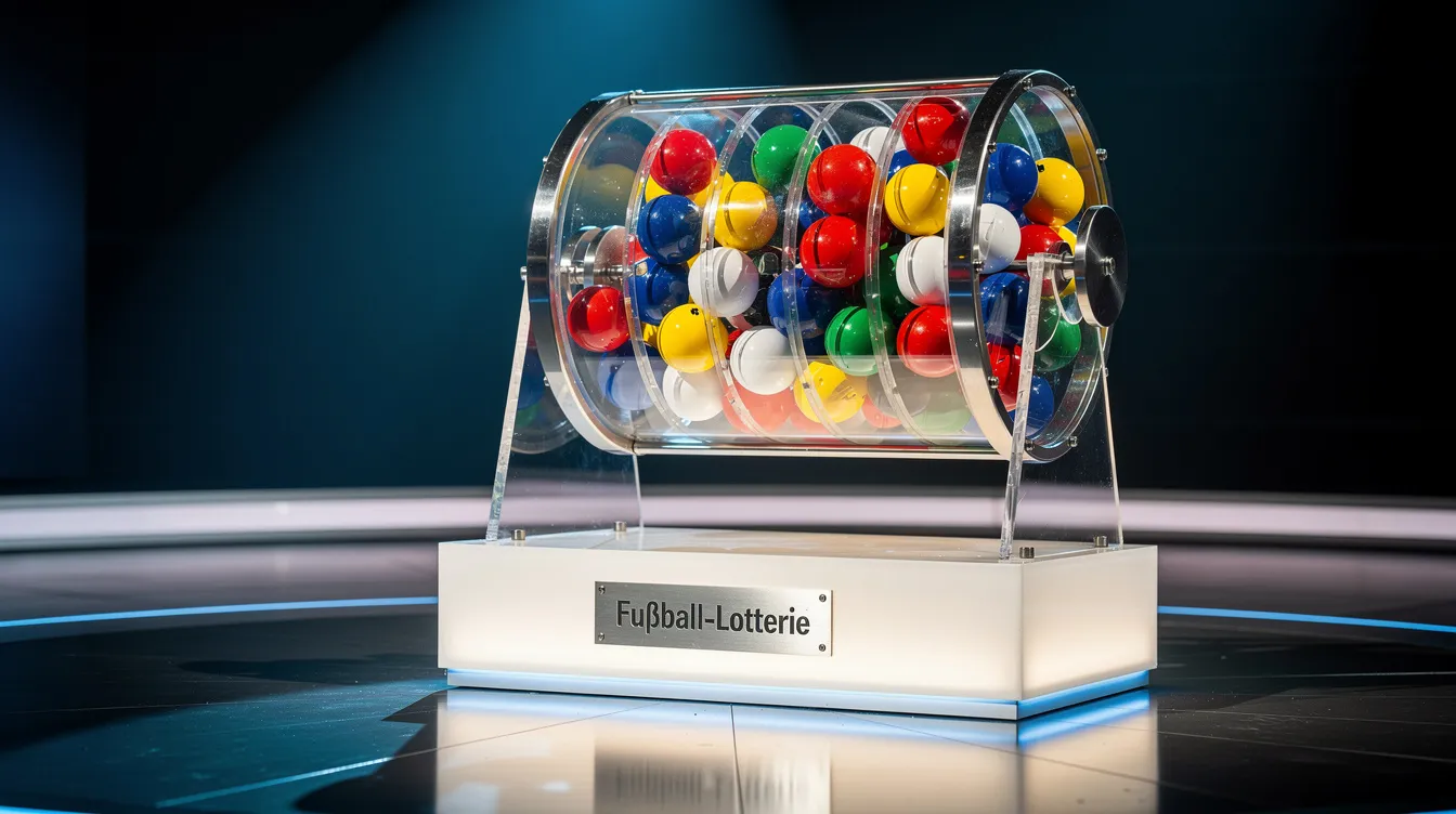 Die Fußball-Lostrommel steht auf einem beleuchteten Podest und enthält mehrere farbige Kugeln, die die verschiedenen Teams der WM 2026 repräsentieren. Diese Szene symbolisiert die Gruppenauslosung für die Weltmeisterschaft, die in Washington D.C. stattfinden wird.