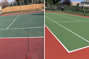 Side-by-side before and after photo of a tennis court, showing the transformation from a cracked, worn surface to a smooth, freshly resurfaced court and clear striping.