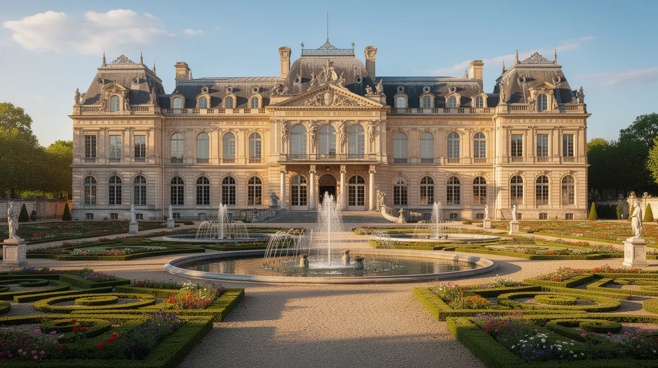 The image features a grand baroque French château surrounded by meticulously manicured formal gardens and elegant water fountains, creating a luxurious and romantic atmosphere ideal for a dream wedding. This stunning venue, reminiscent of the rich history of the Île de France, offers breathtaking views and timeless elegance, making it one of the best wedding venues in Paris.
