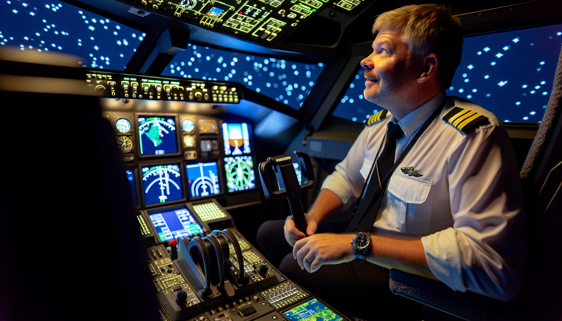 Pilot using a flight simulator for instrument rating training