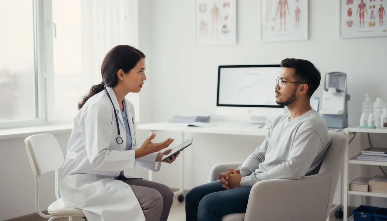 A person is seated in a medical office, engaged in a consultation with a healthcare provider, discussing topics related to kidney disease and blood sugar management, possibly considering the benefits of metformin extended release tablets in relation to aging and related health conditions. The setting conveys a professional atmosphere focused on health and wellness.