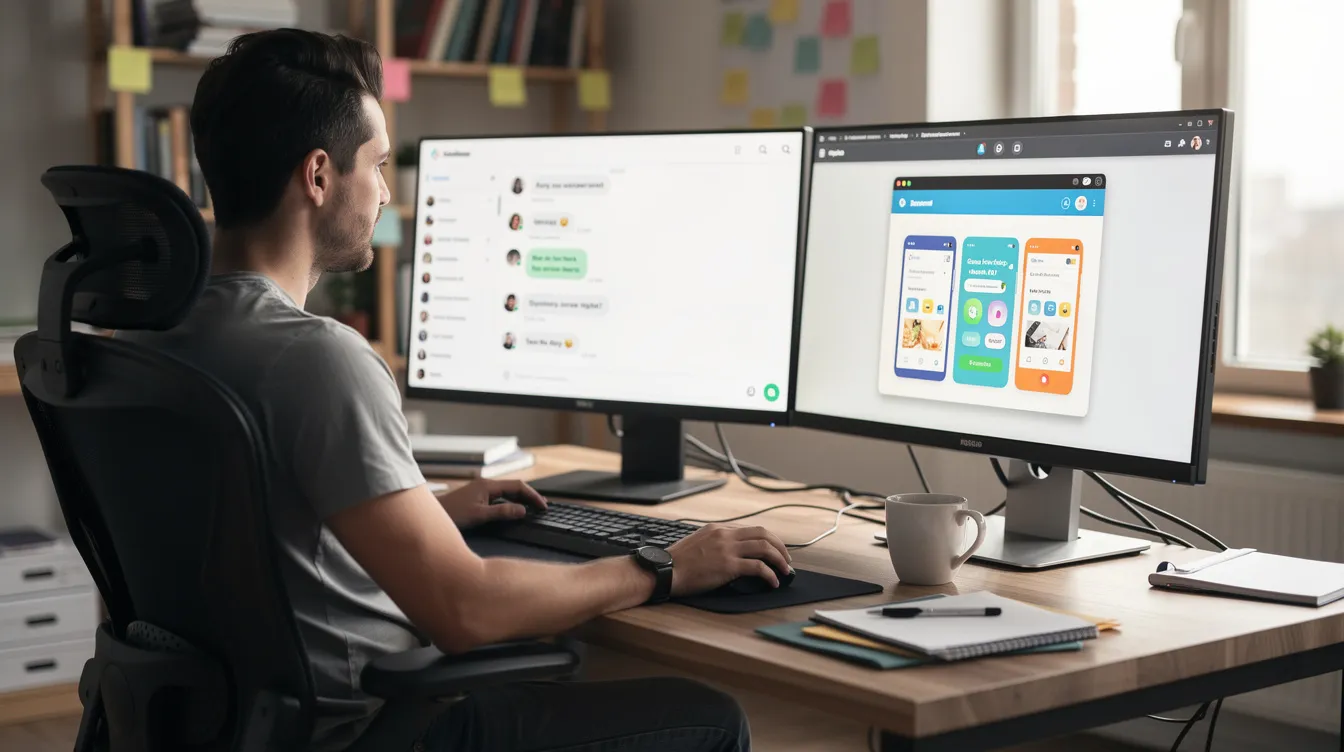 A developer is focused at their desk, working with dual monitors; one displays a chat interface for collaboration, while the other shows a live preview of a running application, reflecting the software development practice and the use of AI coding tools for efficient code generation. The scene captures the essence of modern software creation, highlighting the integration of AI assistants in the development process.