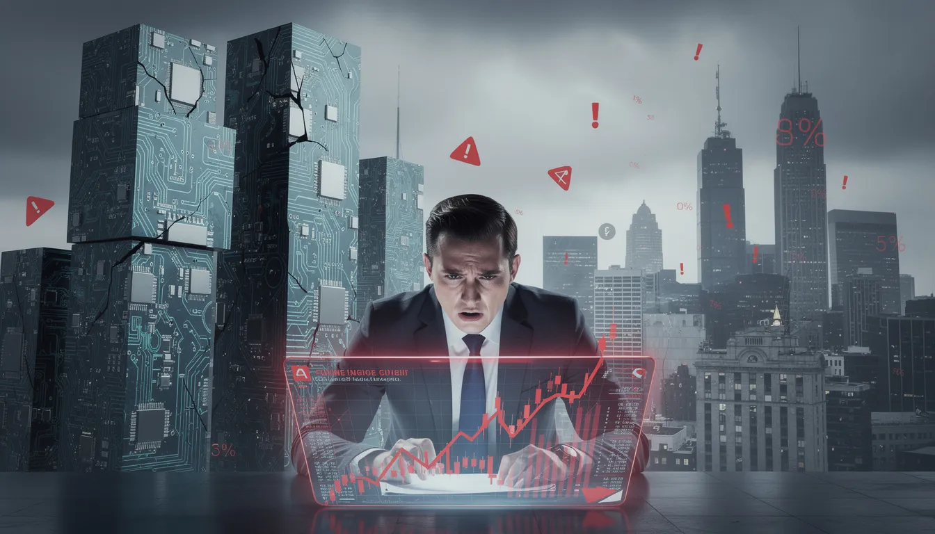 The image depicts a worried investor examining stock market trends, reflecting waning investor confidence amidst concerns over ai valuations and the potential for a market correction. With major tech stocks and ai companies facing scrutiny, the atmosphere suggests a bear market as traders weigh the risks involved in the current ai boom.