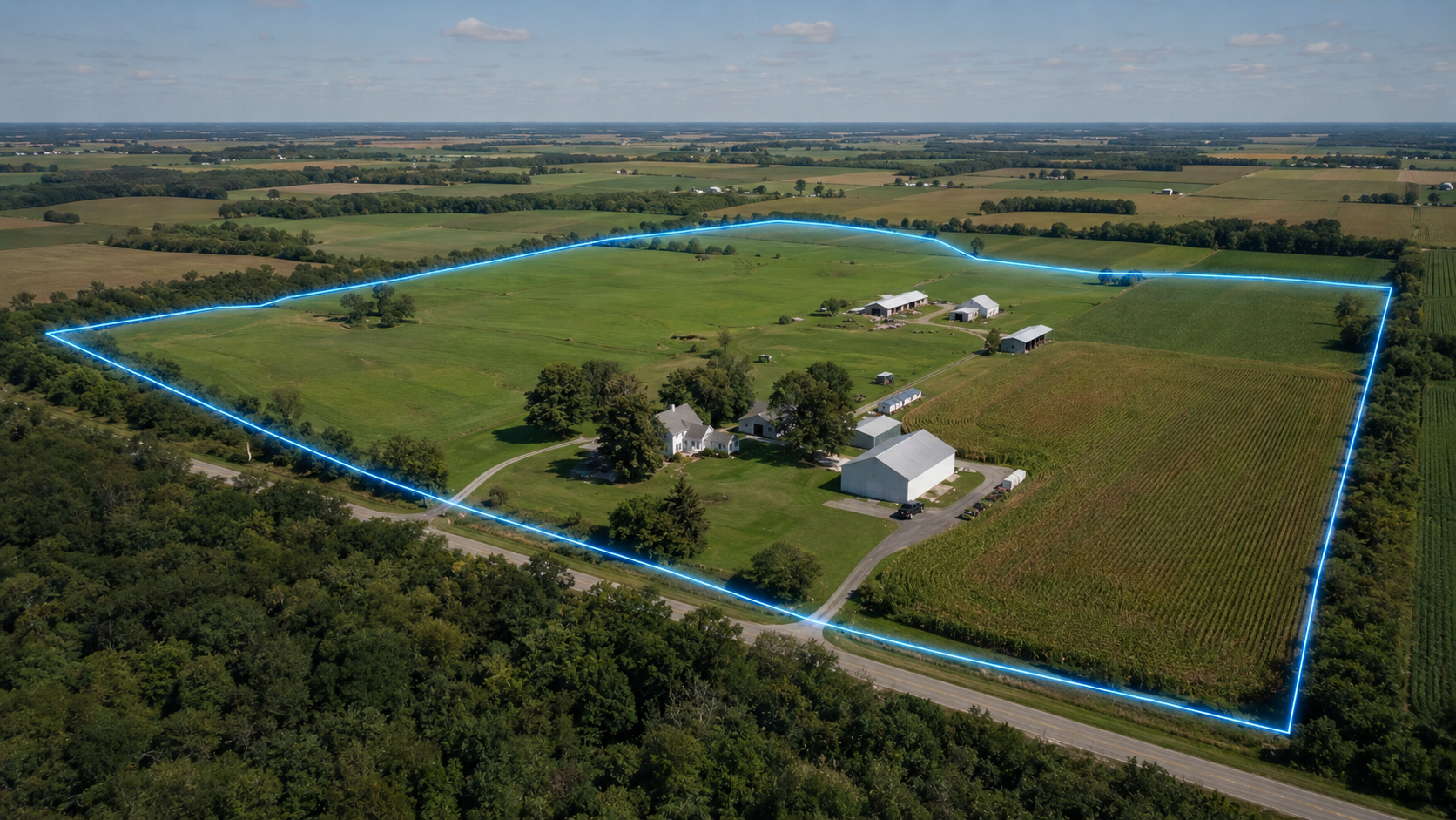 Aerial view of farm property with GPS geofence virtual boundary overlay for equipment tracking