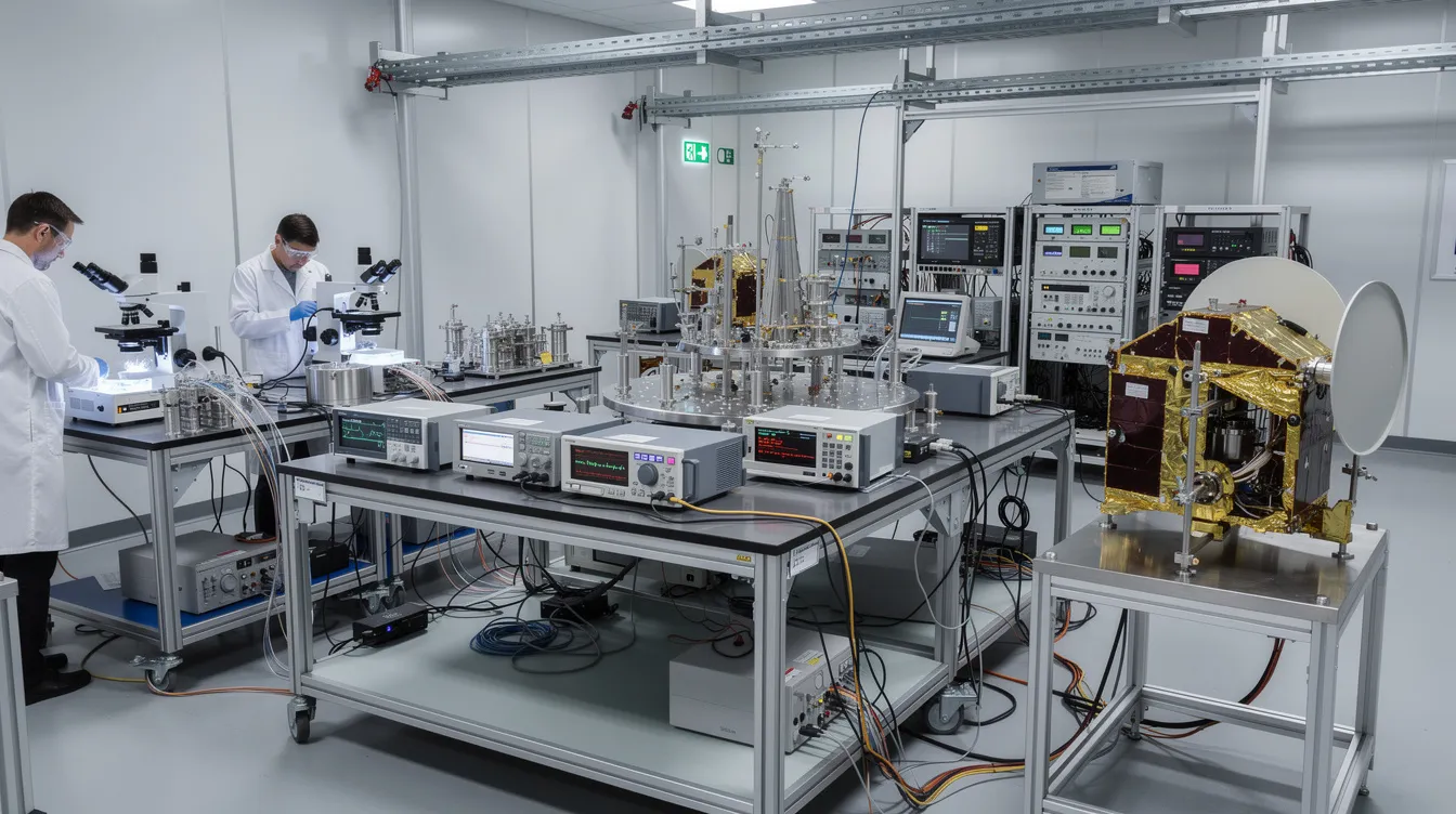 The image depicts a scientific laboratory filled with precision timing equipment and various satellite components, highlighting the advanced GPS technology used in satellite navigation experiments. The setup emphasizes the importance of GPS signals and receivers in developing operational capabilities for both military and civilian applications.