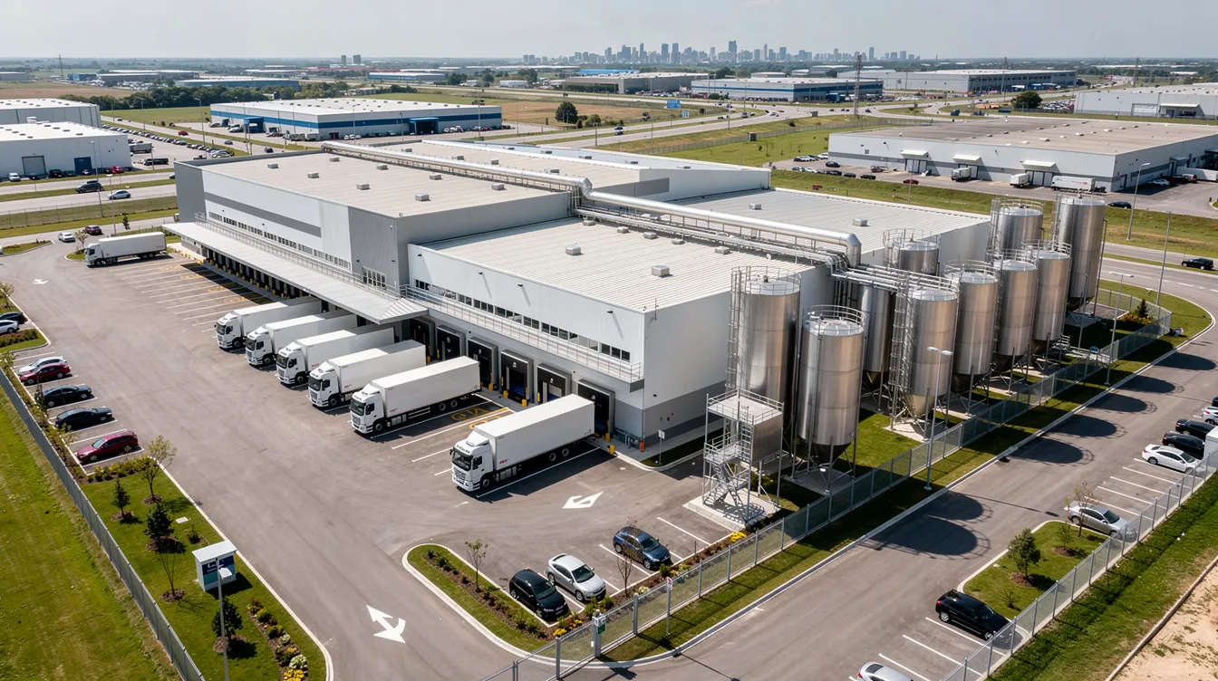 An aerial view of a large modern dairy processing facility showcases loading docks and refrigerated trucks within an industrial park. This facility plays a crucial role in the dairy industry, focusing on the milk processing of raw milk into pasteurized and homogenized milk, ensuring product quality and extended shelf life.