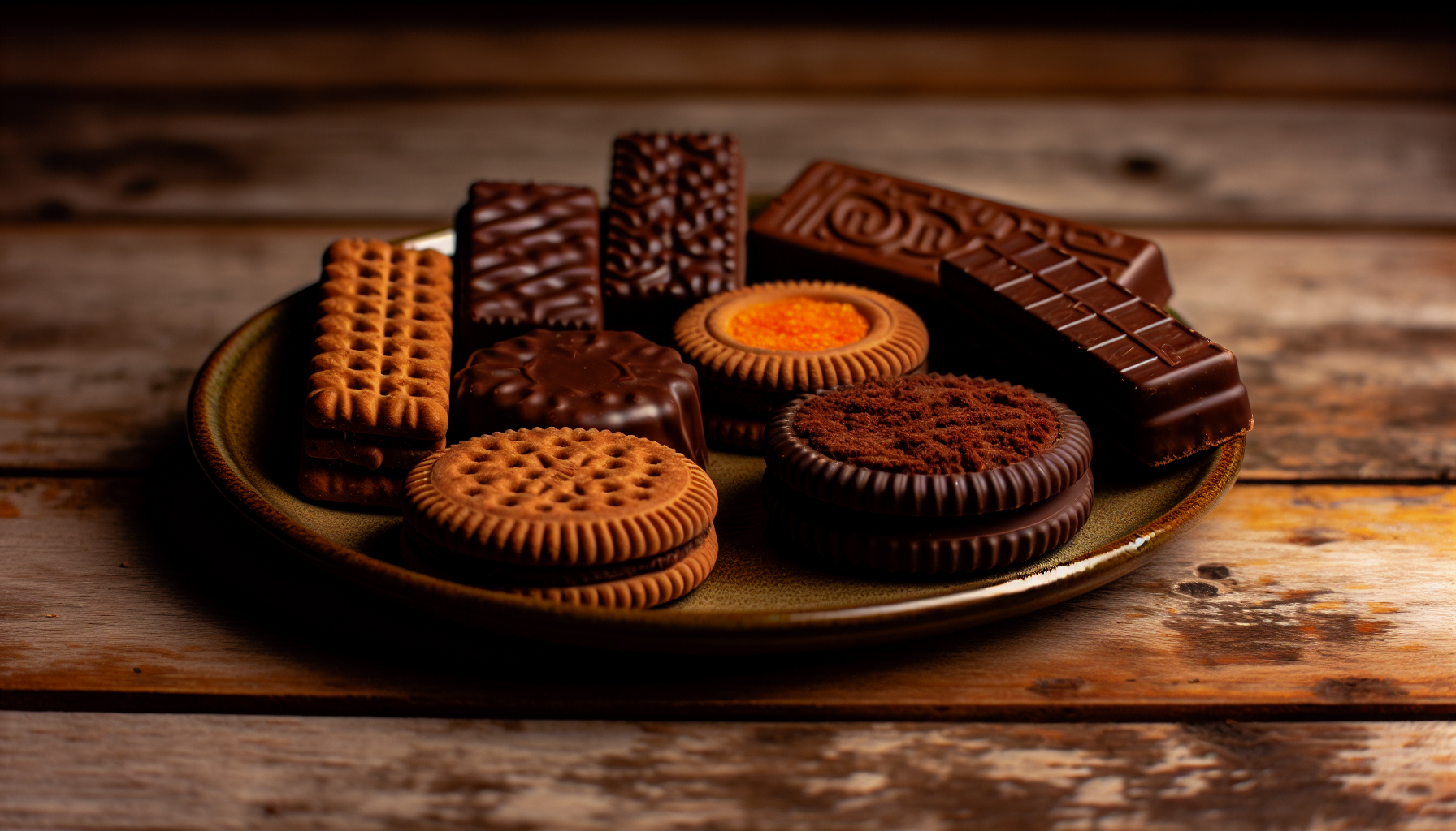 Assorted chocolate biscuits on a plate