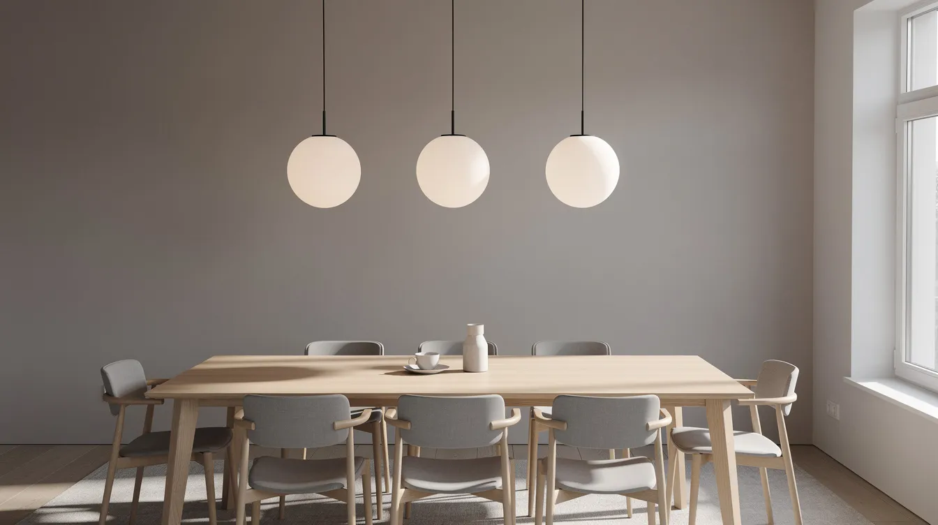 En modern matplats med tre stiliga klotpendlar i rad hänger ovanför ett träbord, vilket skapar en varm och inbjudande atmosfär i rummet. Taklamporna ger ett mjukt ljus som passar perfekt för både vardagsrum och matrum.