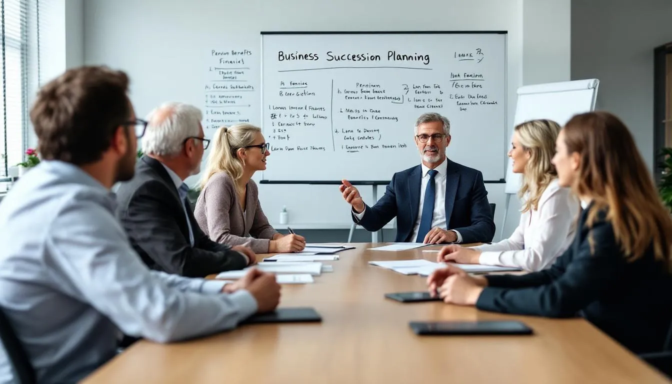 The image depicts a business succession planning meeting where multiple generations, including family members and business owners, are engaged in a discussion about pension benefits, specifically focusing on topics such as overfunded defined benefit plans and the implications for plan participants. Charts and documents related to defined benefit plans and employer contributions are visible, emphasizing the importance of financial independence and effective plan management.