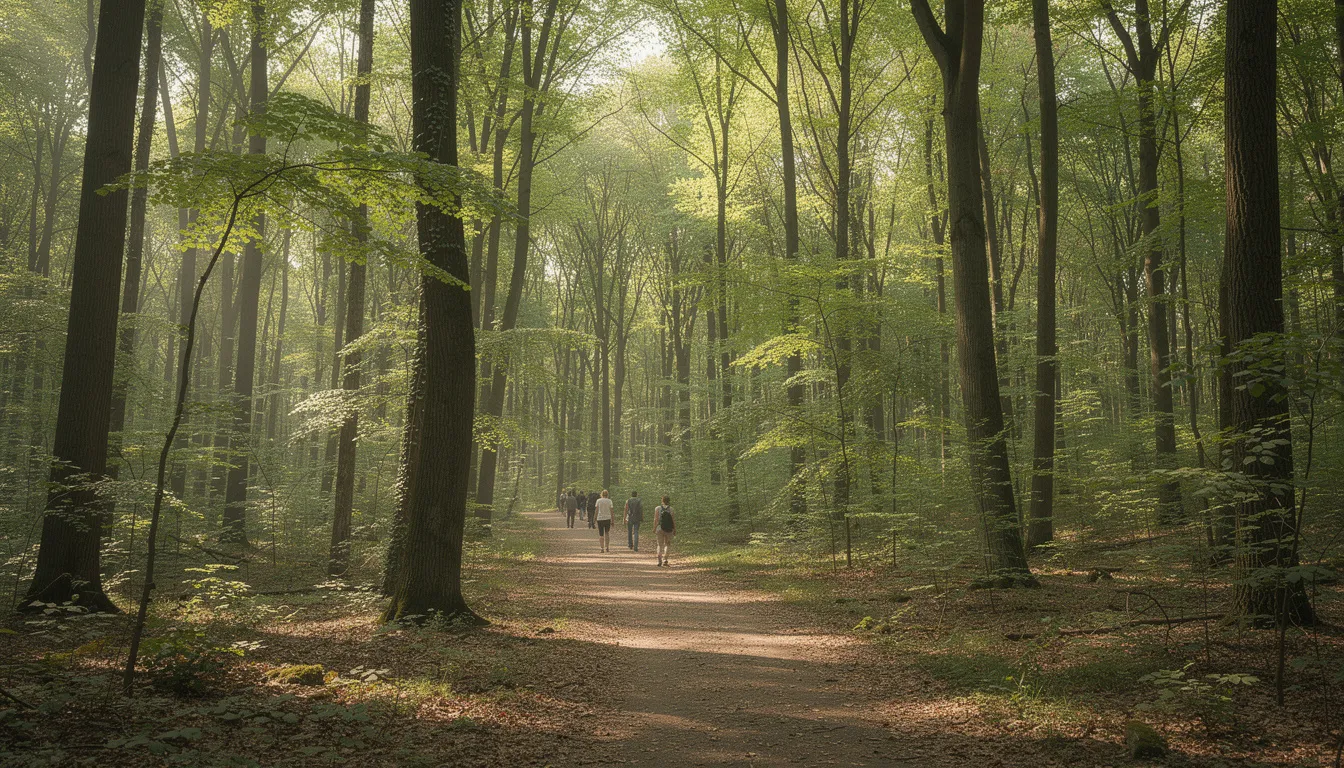 Na zdjęciu widoczna jest malownicza ścieżka w Lesie Bielańskim, gdzie spacerują ludzie wśród wysokich drzew, tworząc idealne miejsce do relaksu w jednej z najbardziej zielonych dzielnic Warszawy. W tle słychać dźwięki przyrody, co podkreśla urok tego terenu zielonego, idealnego do aktywnego wypoczynku.