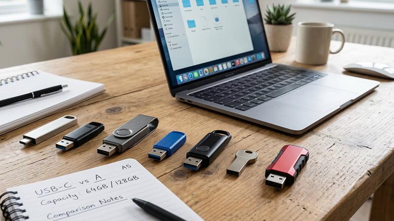 USB C flash drive placed next to other flash drives