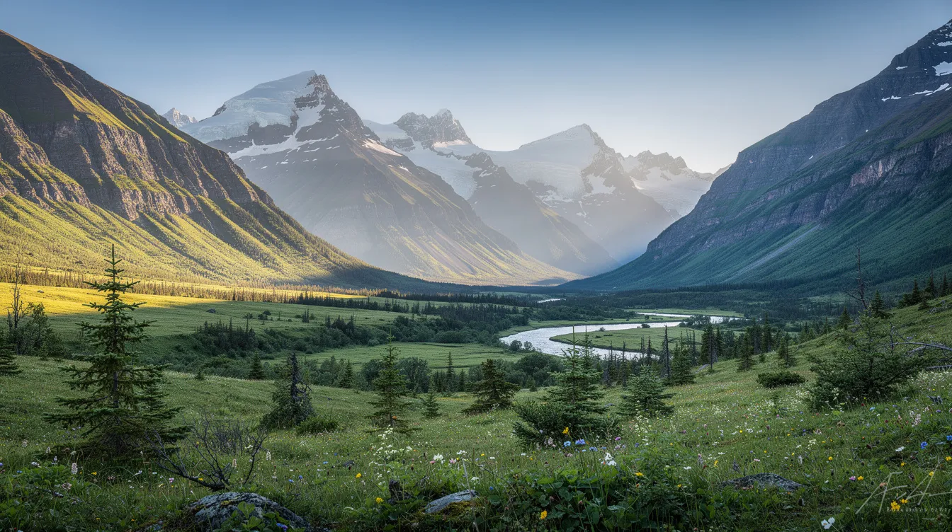 The image captures a breathtaking Alaskan mountain landscape, featuring lush green valleys that lead up to majestic snow-capped peaks, epitomizing the natural beauty of the region. This serene setting reflects the untouched wilderness often associated with Alaska, where the cultivation of hemp and other cannabis-related plants is becoming increasingly relevant under state law and federal regulations.