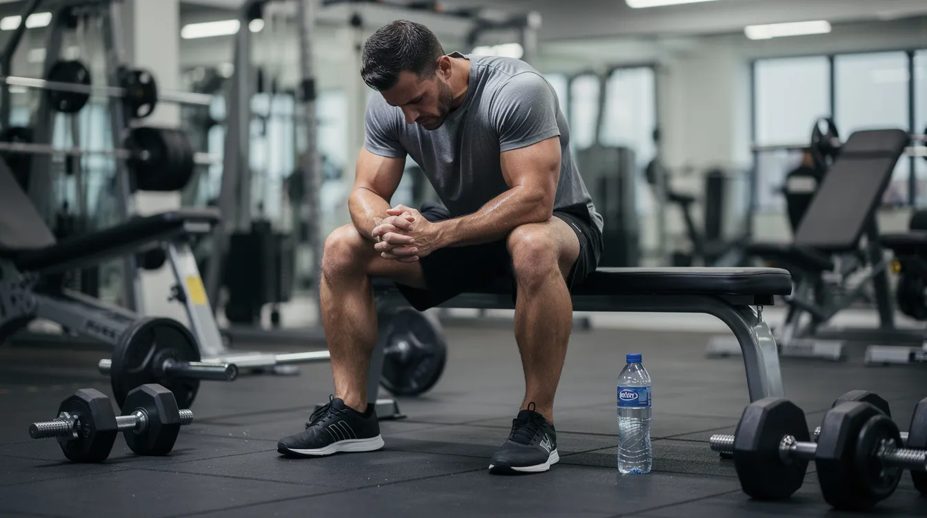 An adult is resting on a gym bench after a strength training session, with a water bottle placed nearby. This moment highlights the importance of muscle recovery and hydration, essential for maintaining lean muscle mass and supporting fat loss during resistance training.