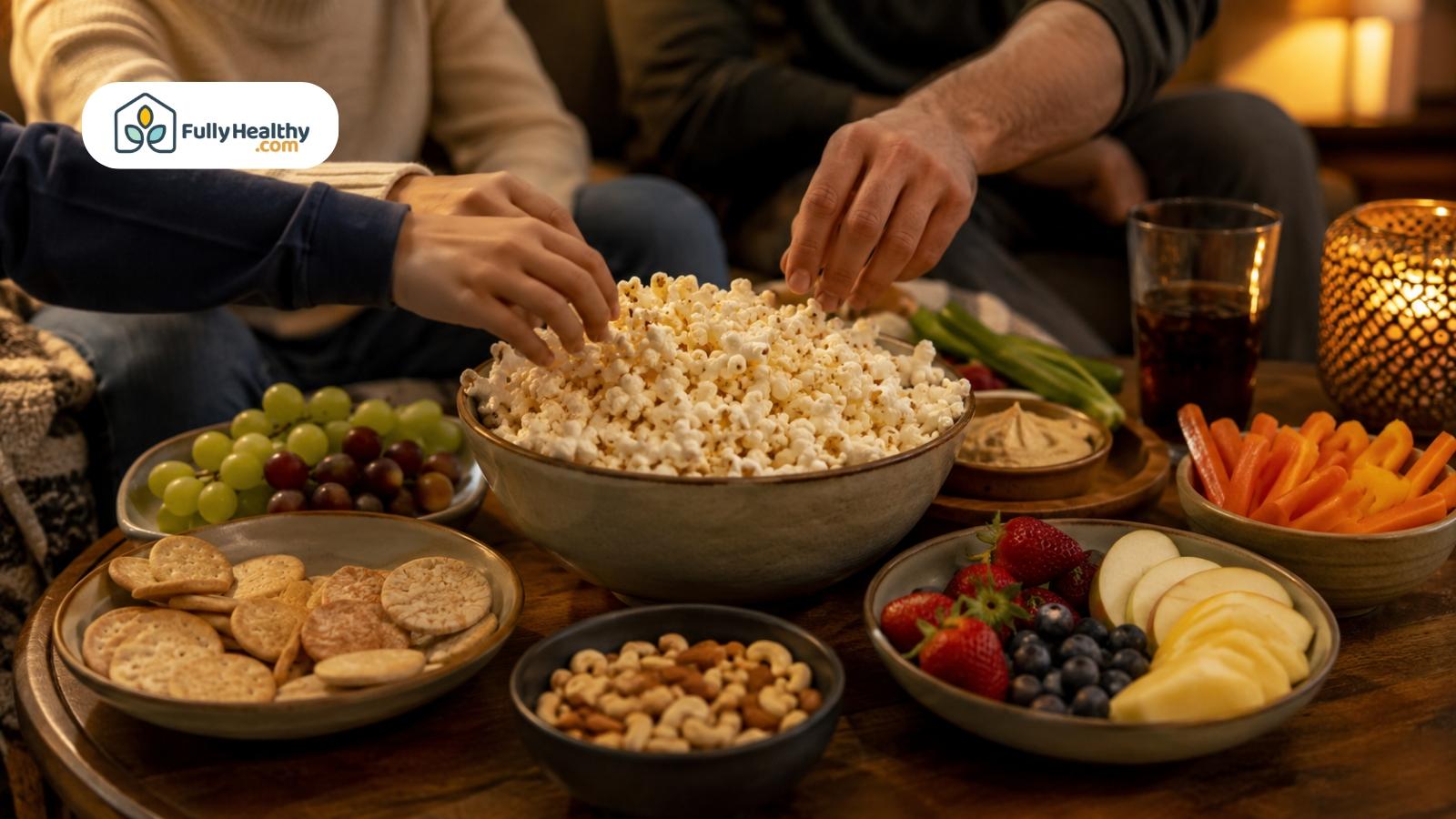 Family sharing a large bowl of popcorn alongside fruit, crackers, and vegetables