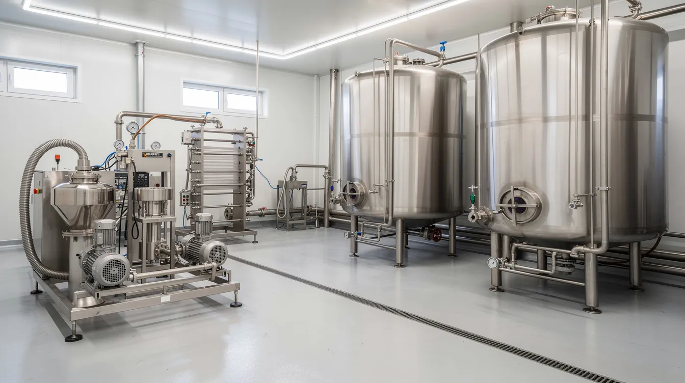 The image depicts stainless steel milk storage tanks and cream processing equipment within a clean factory environment, highlighting the ghee manufacturing process. This setup is essential for producing clarified butter and ensuring high product quality in the food processing industry.