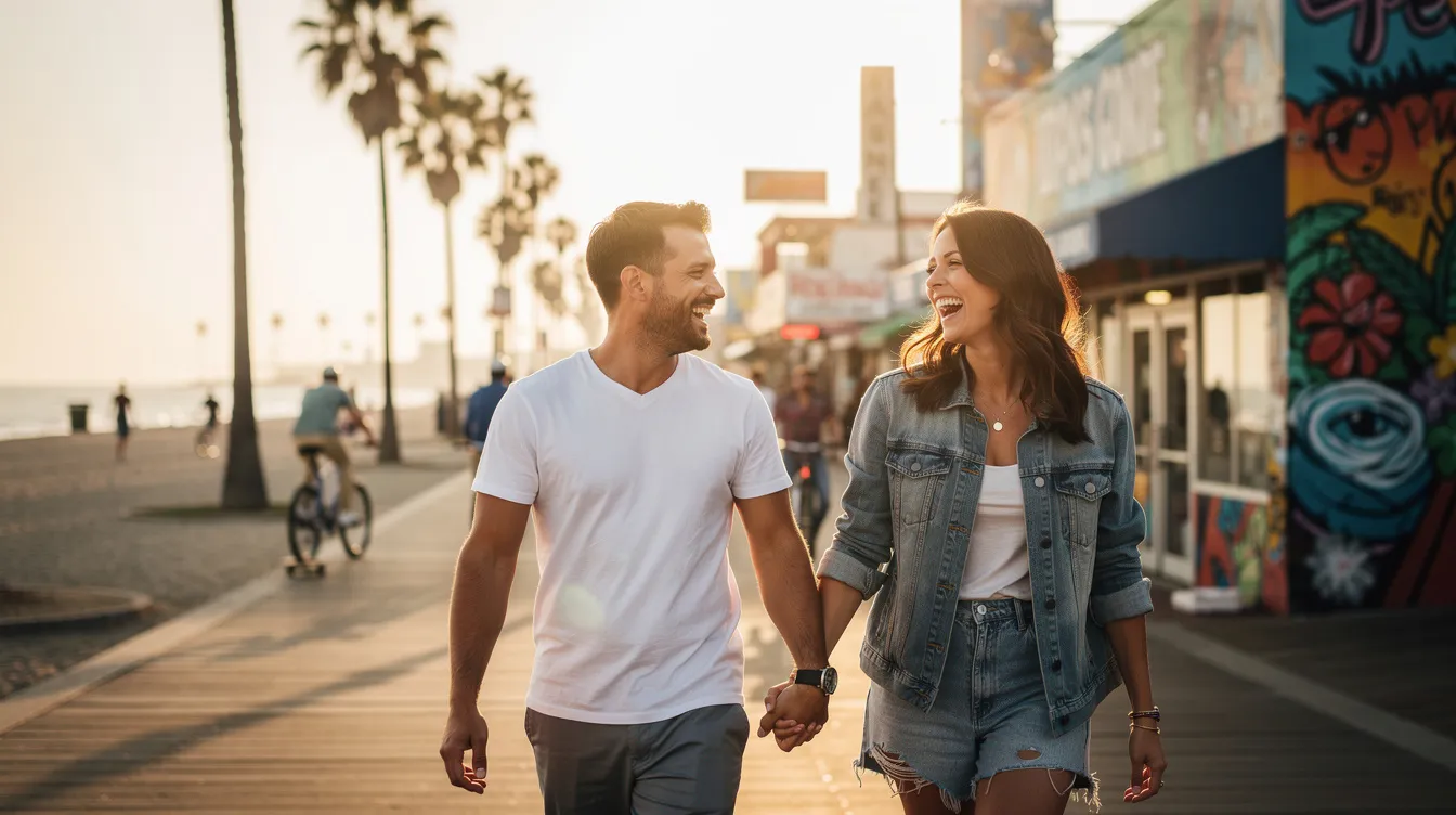 A couple enjoys a fun date at Venice Beach, California, surrounded by the vibrant atmosphere of the city. They share laughter and conversation, embodying the excitement of dating in LA as they connect with each other and the lively beach scene.