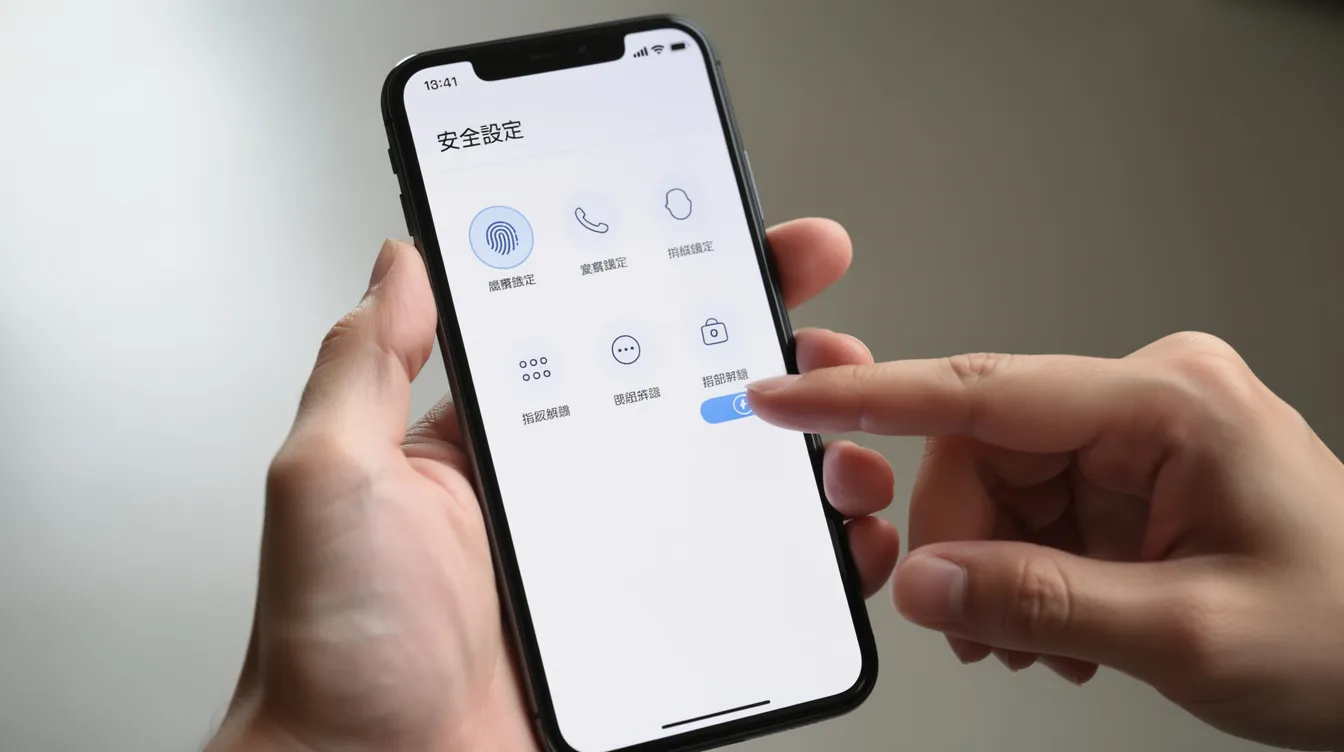 The image shows a smartphone screen displaying a security settings interface, with a finger interacting with the touchscreen. This setup emphasizes the importance of enabling two-factor authentication features to protect personal data from potential scams and hackers.