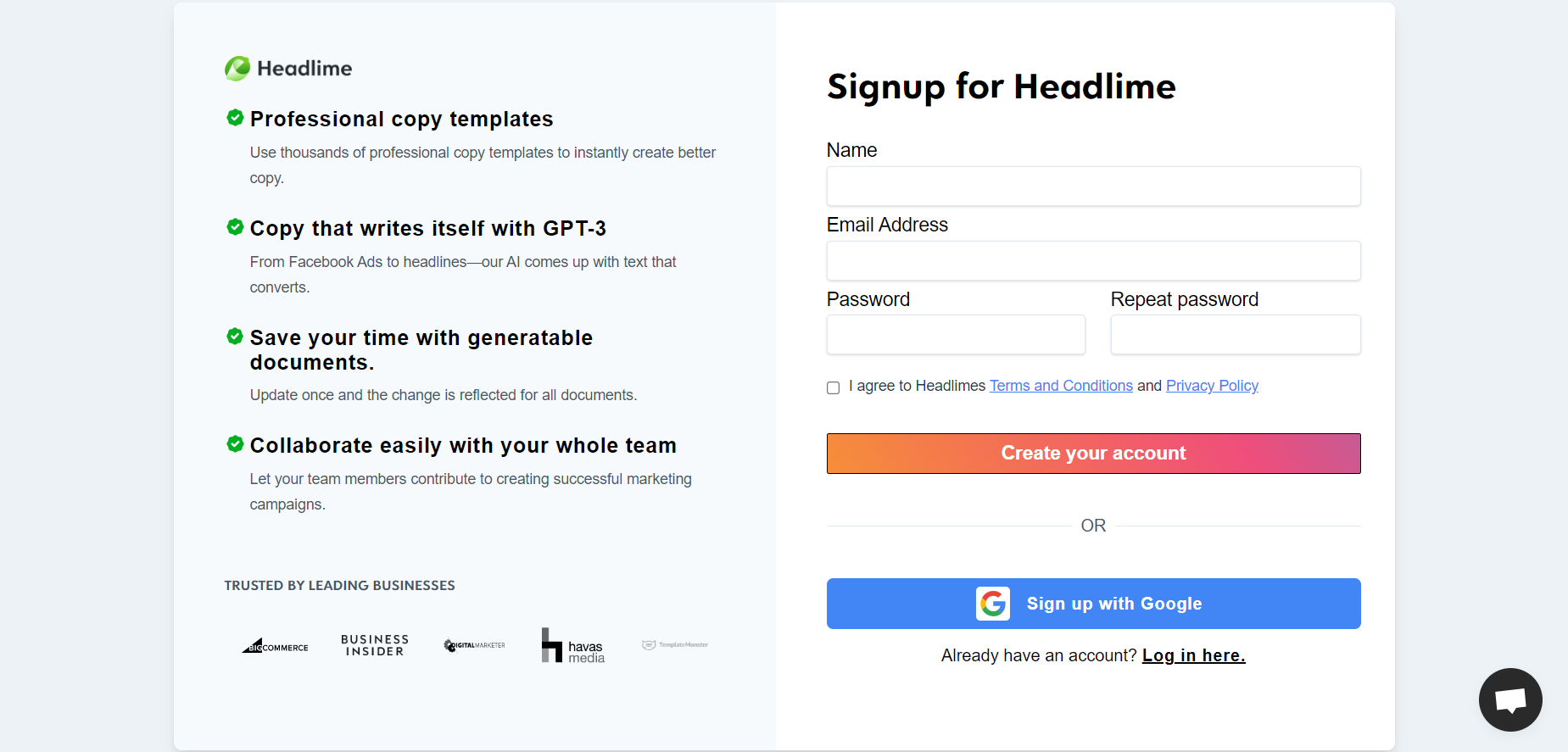 Creating an account with Headlime