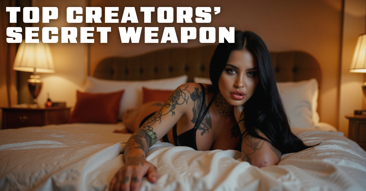 Woman with tattoos lying on a bed, symbolizing the secret tools of top OnlyFans creators.