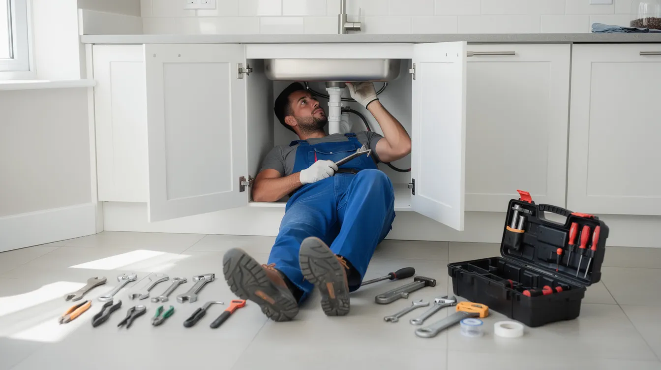 A plumber is kneeling under a kitchen sink, focused on fixing a plumbing issue, with various tools like wrenches and screwdrivers spread out on the floor nearby. This scene highlights the hands-on work involved in home repairs, similar to how digital marketers analyze search engines and use keyword research tools to optimize content for better visibility in search results.