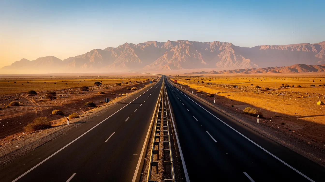 Een brede Marokkaanse snelweg snijdt door een vlak landschap, met majestueuze bergen op de achtergrond. Deze populaire route biedt reizigers de vrijheid om met een huurauto in Marokko lange afstanden te rijden, terwijl ze genieten van het uitzicht en de zonneschijn.