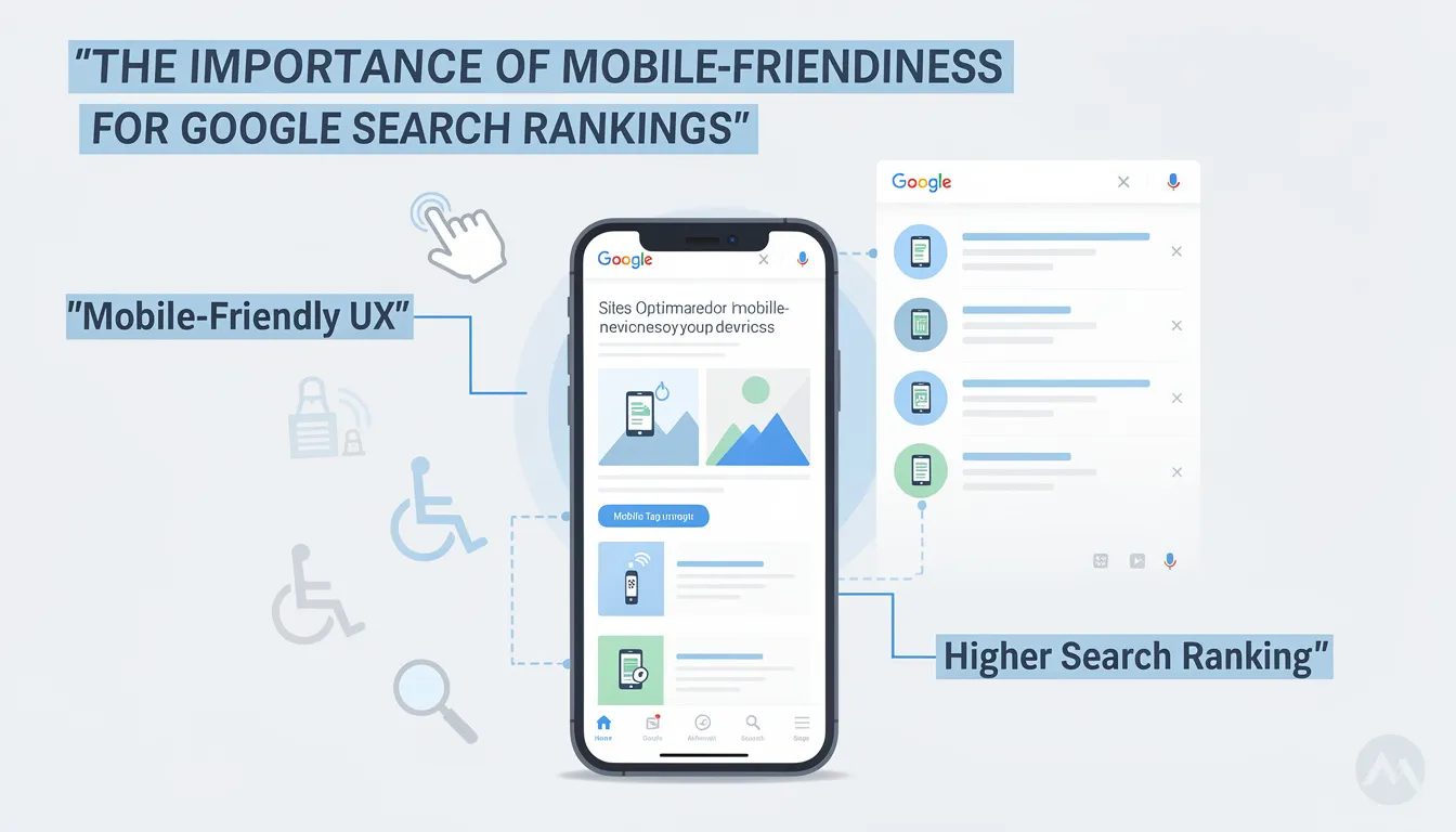 The image illustrates the significance of mobile-friendliness as a crucial experience signal for Google search rankings, emphasizing its impact on page performance on mobile devices. It highlights how mobile usability affects users' perceptions and the overall user experience, ultimately influencing search results and site owners' strategies to improve their core web vitals scores.